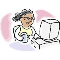 image of woman with coffee mug working at a computer